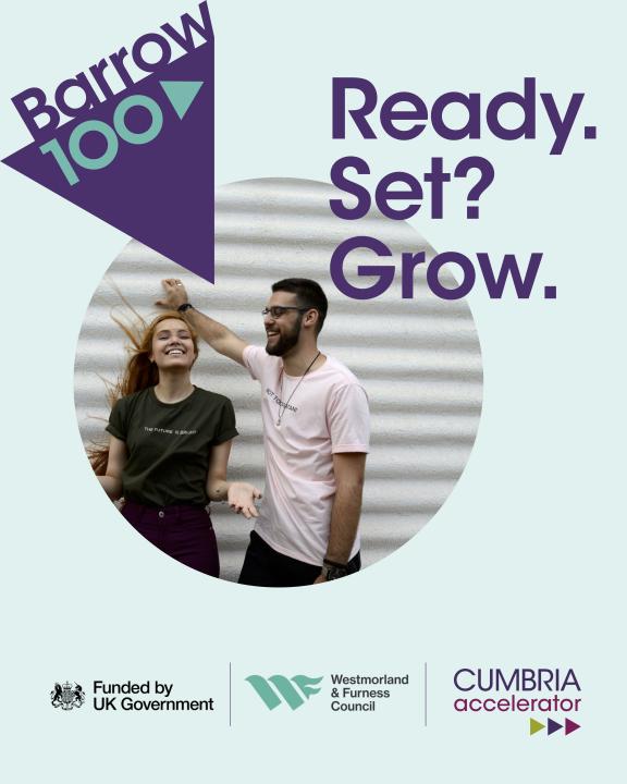 Barrow100 promo image. Text reads: Ready? Set? Grow. with an image of two people.
