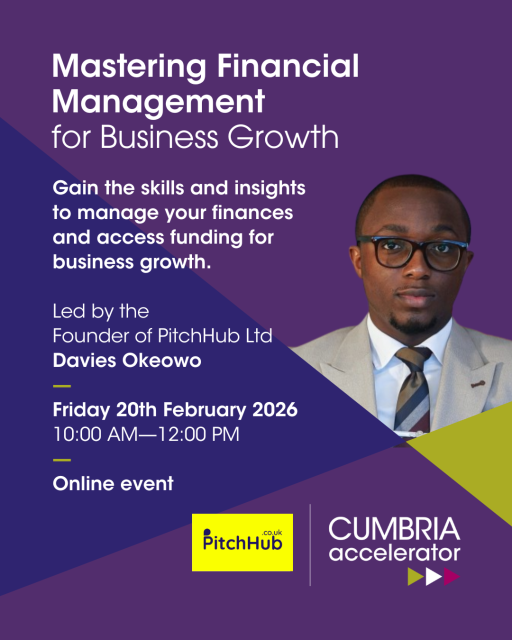 A promotional graphic for an online event titled “Mastering Financial Management for Business Growth.” The text reads: “Gain the skills and insights to manage your finances and access funding for business growth. Led by the Founder of PitchHub Ltd, Davies Okeowo. Friday 20th February 2026, 10:00 AM–12:00 PM. Online event.” 